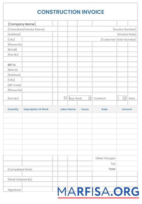 Printable Sample Construction Invoice Template
